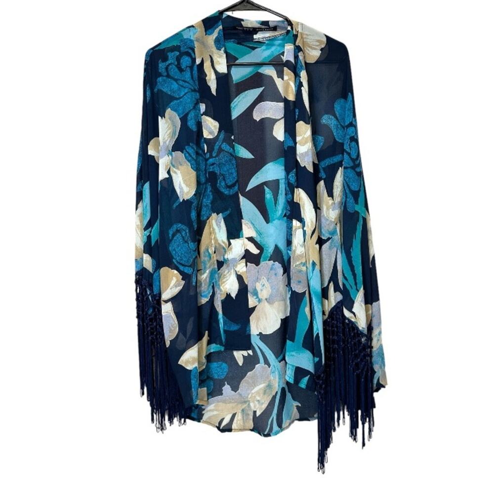 Zara Navy Blue‎ & Blue Floral Print Fringe Cardigan Kimono Size L